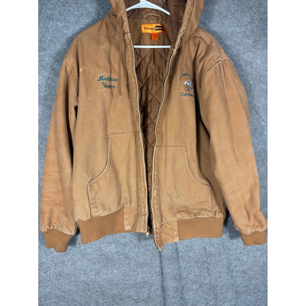 CornerStone Duck Canvas Hooded Work Jacket Brown Vinal Tech Carpentry Mens Small